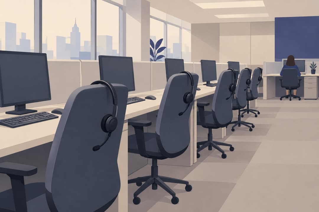 Rangée de bureaux de centre d'appels avec casques suspendus, chaises presque toutes vides.