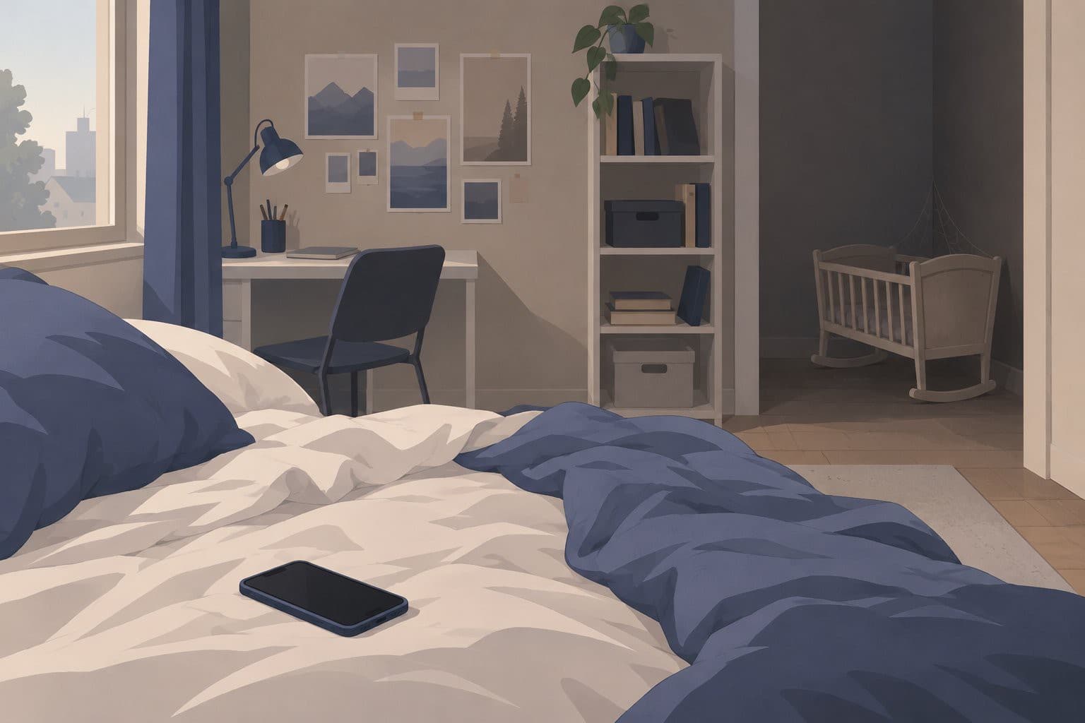 Chambre d'ado avec smartphone sur le lit et berceau miniature vide dans un coin.