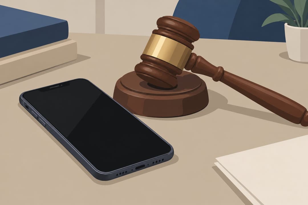 Un téléphone éteint à côté d'un marteau de juge en bois.