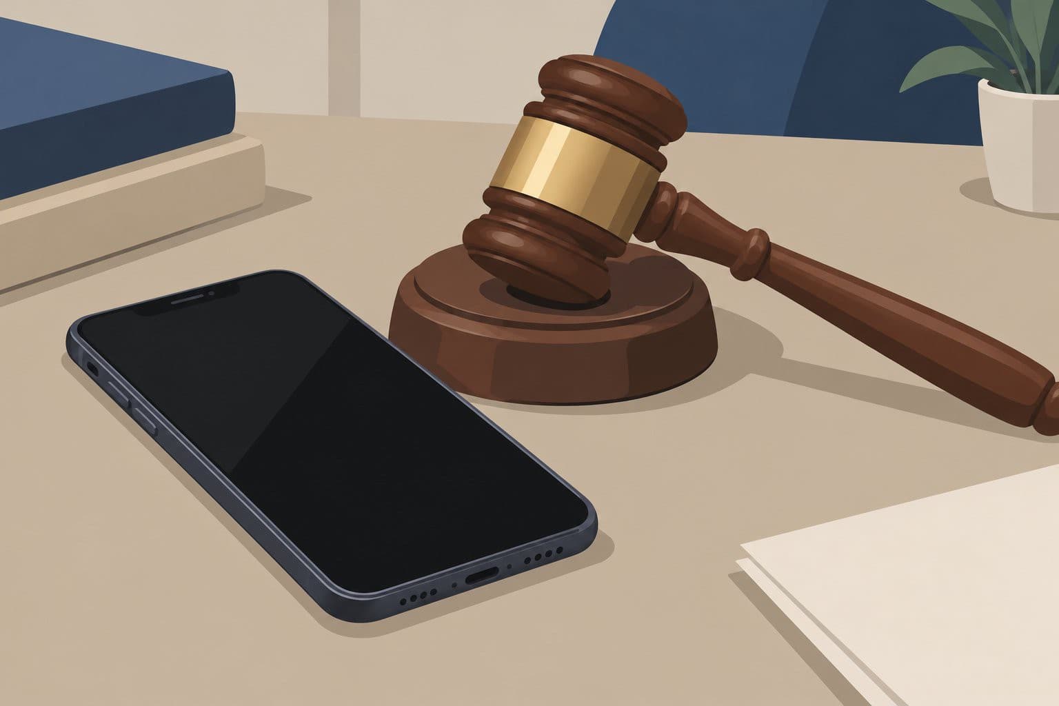 Un téléphone éteint à côté d'un marteau de juge en bois.