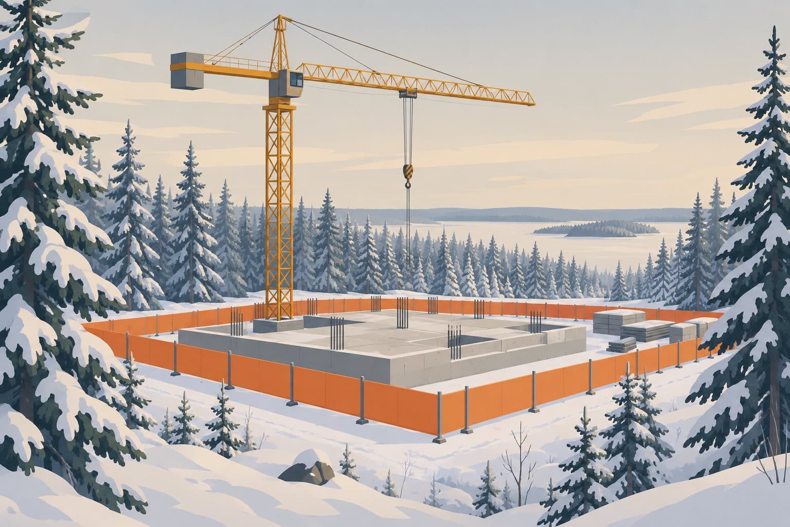 Chantier gelé en forêt, grue immobile sur une dalle de béton clôturée.