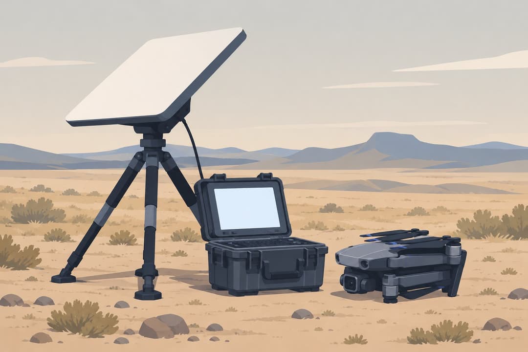Antenne satellite portable dans un champ, drone replié au sol à côté.