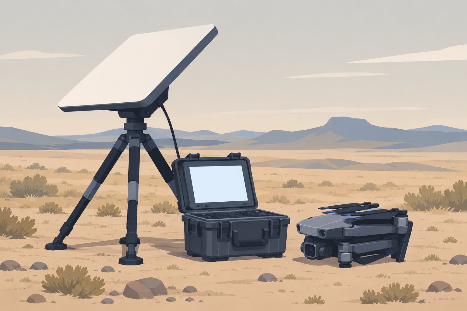Antenne satellite portable dans un champ, drone replié au sol à côté.