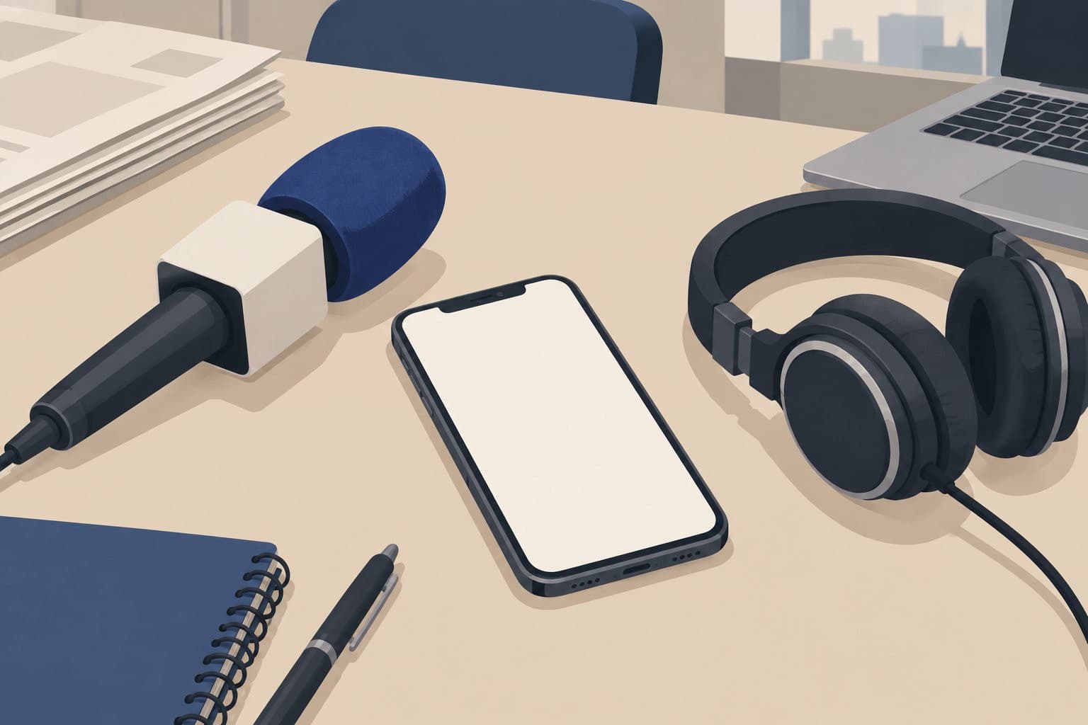 Smartphone à écran vide sur un bureau, micro et casque de reportage à côté.