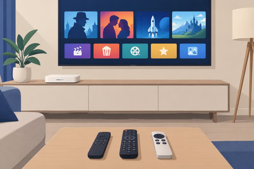 Boîtier internet blanc, trois télécommandes et télévision affichant des icônes de films.