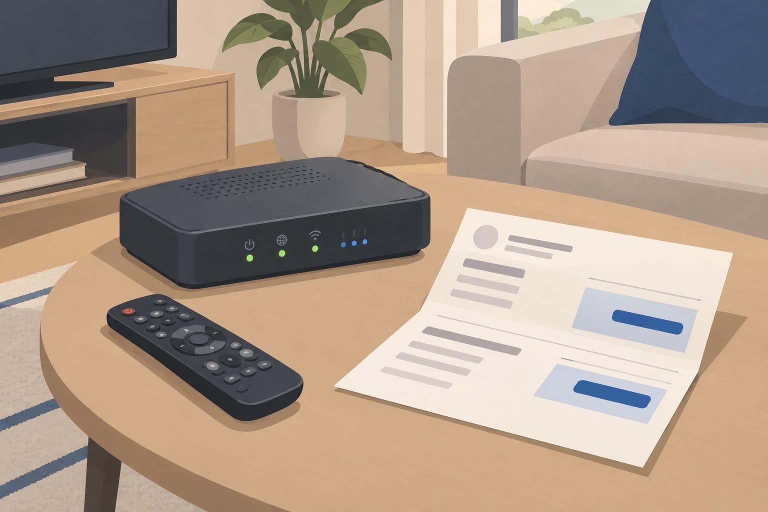 Boitier internet, telecommande et facture pliee avec deux montants sur une table.