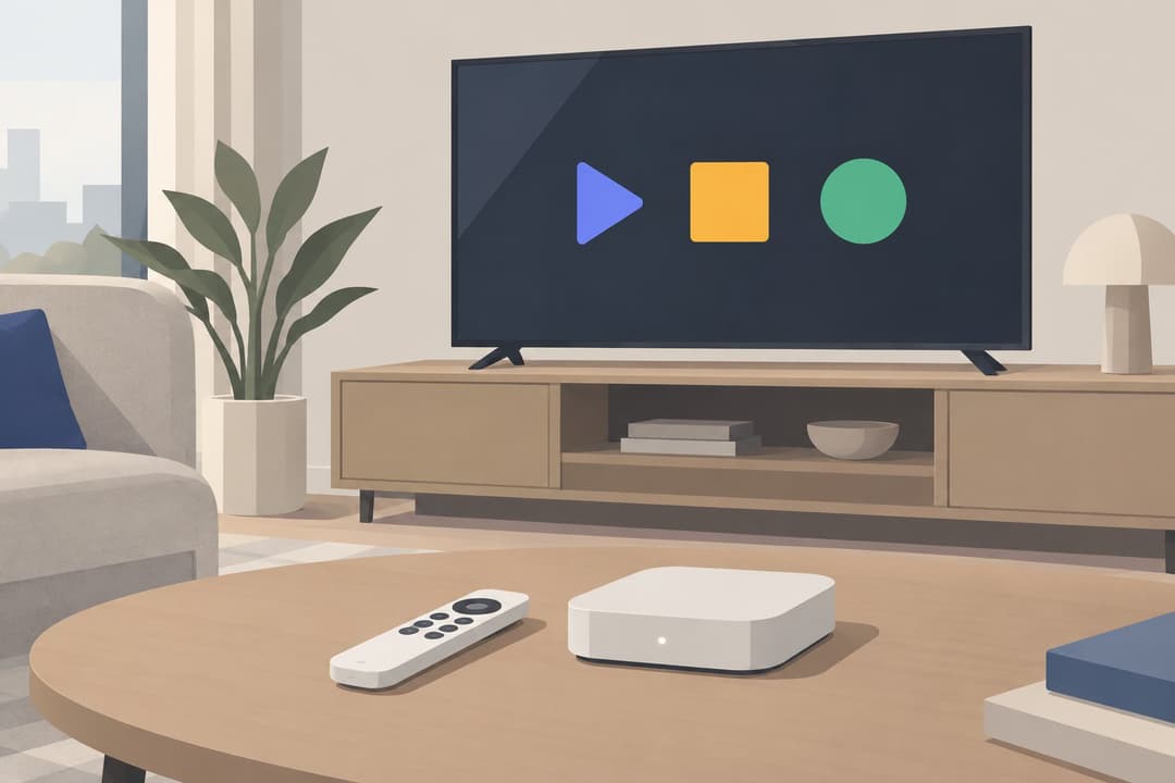 Boîtier internet et télécommande devant un écran de télévision allumé.