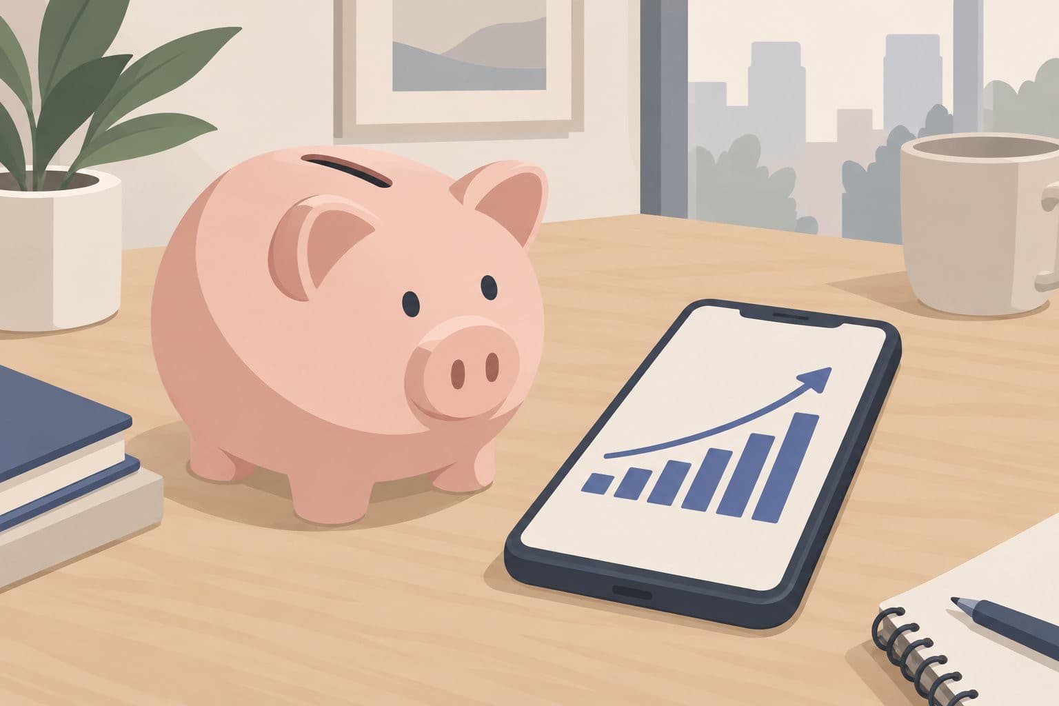 Tirelire cochon à côté d'un téléphone montrant une courbe financière montante.