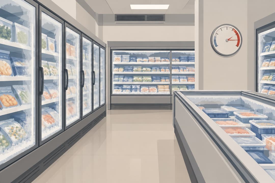 Chambre froide de supermarché, thermomètre à aiguille dans la zone rouge, rayonnages givrés.