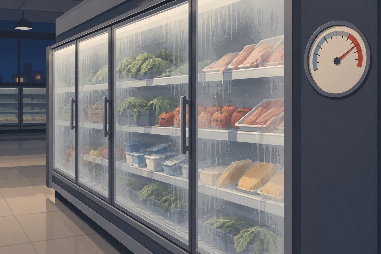 Rayon réfrigéré de supermarché, aliments affaissés, cadran de température en zone rouge.