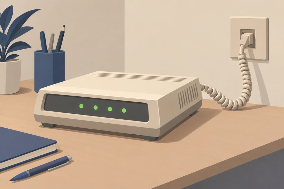 Un modem beige des annees quatre vingt dix relie par un cordon telephonique torsade.