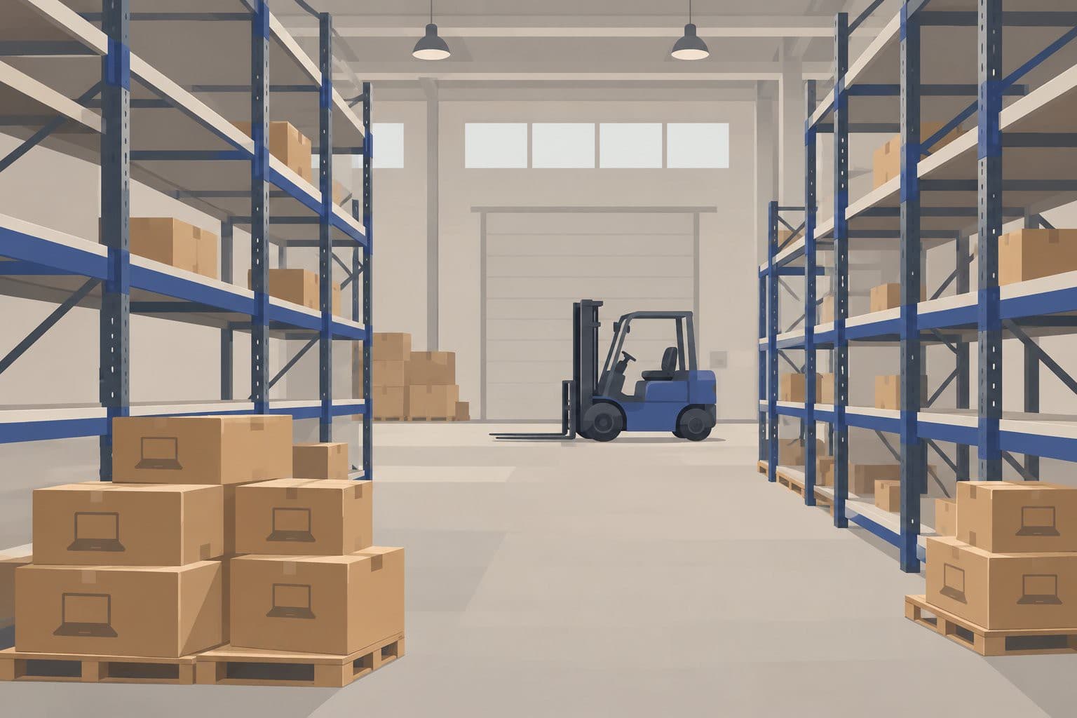 Entrepôt aux étagères métalliques peu remplies, cartons d'ordinateurs portables empilés, chariot élévateur à l'arrière.