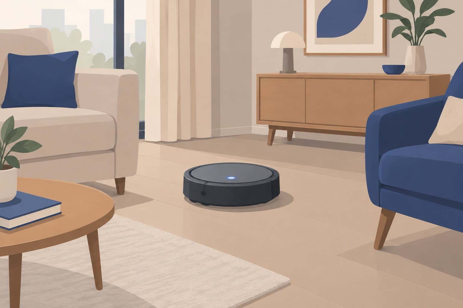 Un aspirateur robot allumé, immobile au milieu d'un salon vide.