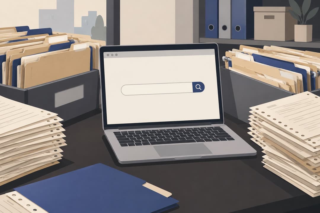 Ordinateur portable avec barre de recherche vide, dossiers suspendus et fiches perforées empilées.
