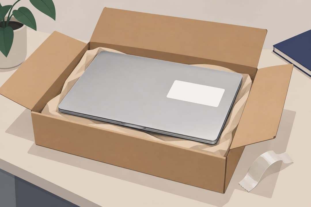 Ordinateur portable argenté sur un carton d'emballage ouvert avec étiquette vierge.