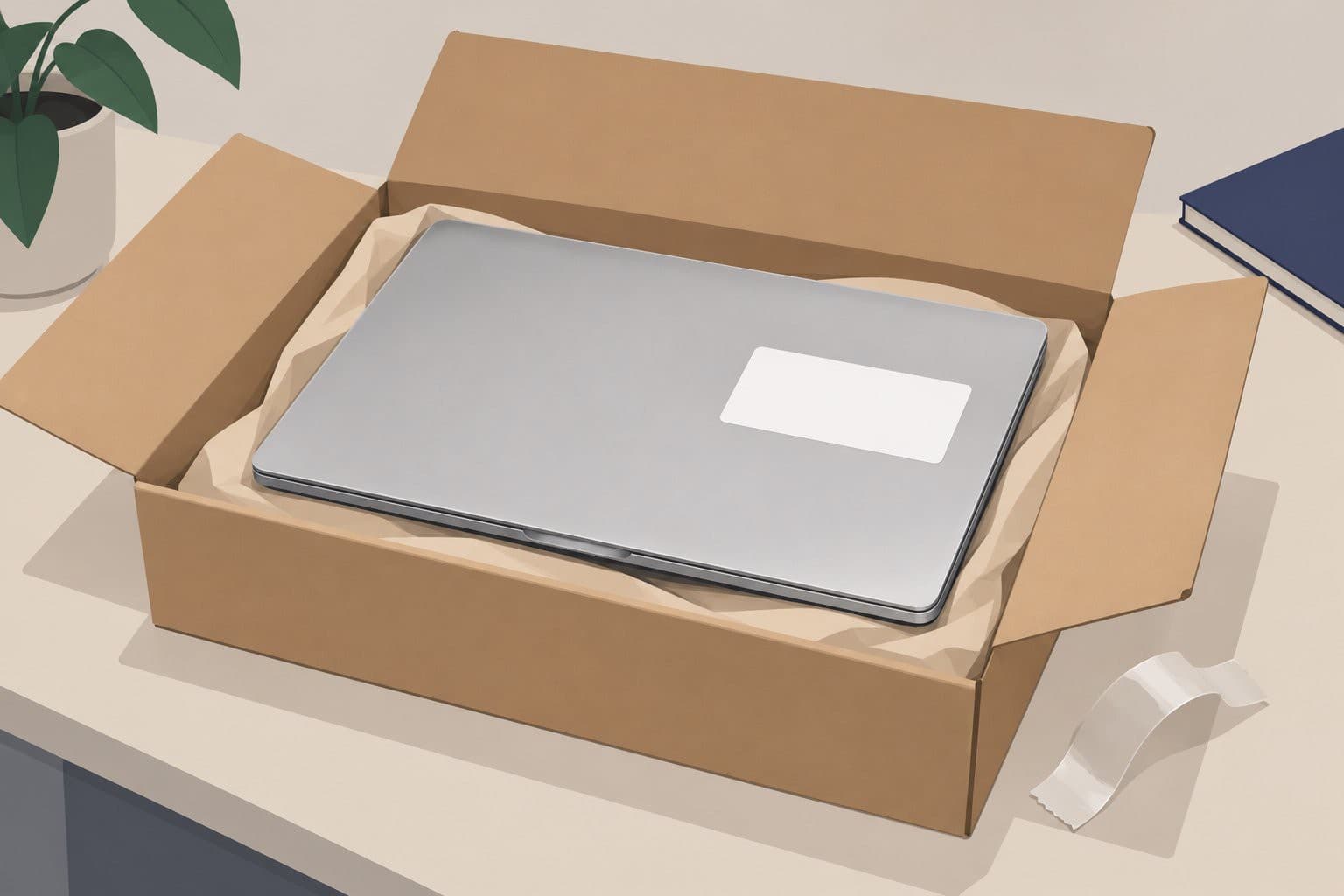 Ordinateur portable argenté sur un carton d'emballage ouvert avec étiquette vierge.