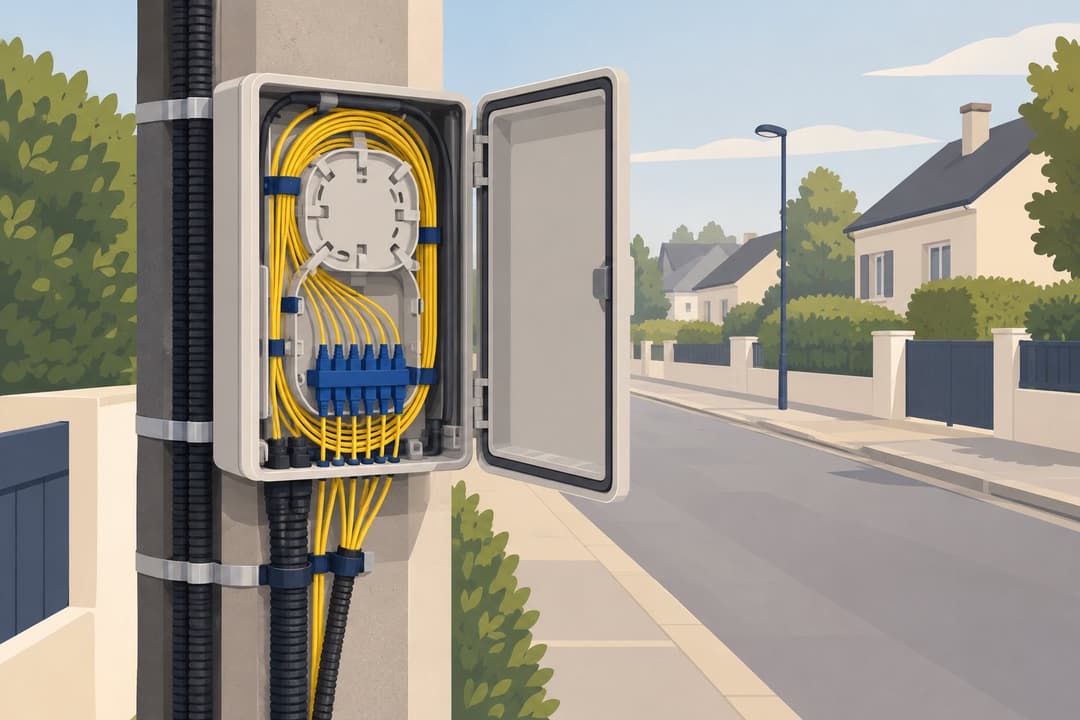 Boîtier de fibre optique ouvert sur un poteau, rue pavillonnaire.