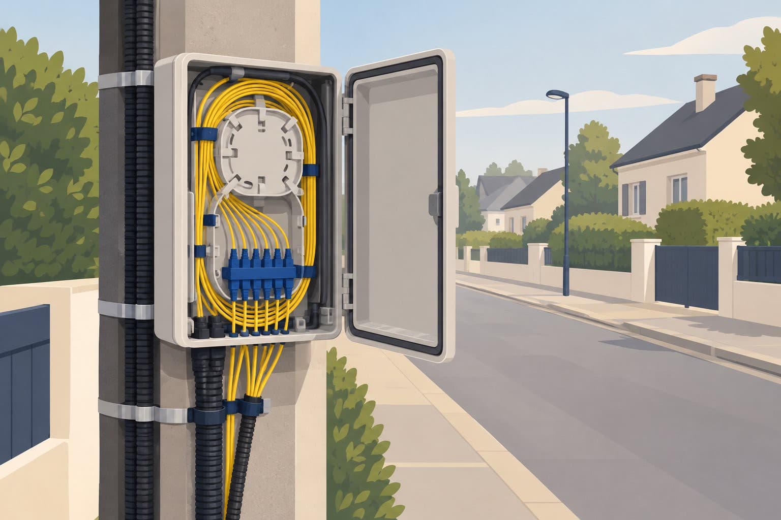 Boîtier de fibre optique ouvert sur un poteau, rue pavillonnaire.