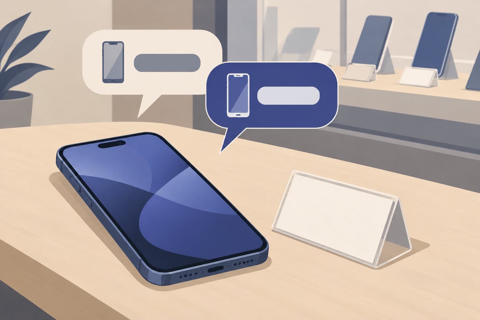 Smartphone sur table avec etiquette de prix vierge et deux bulles de montants superposees.