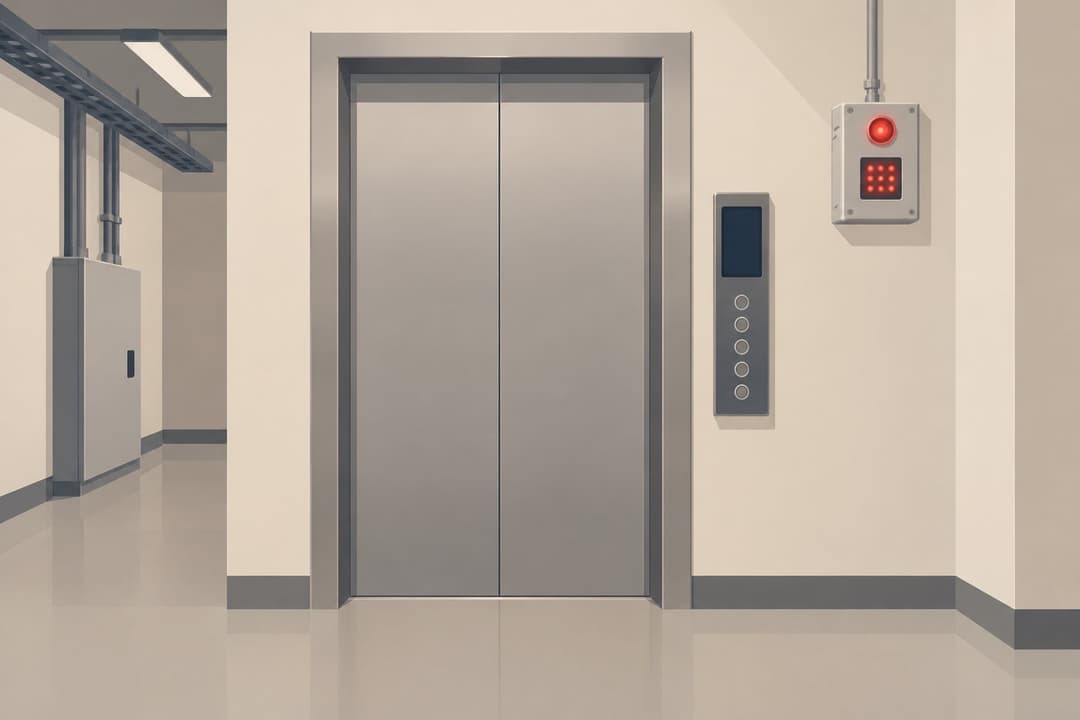 Cabine d'ascenseur et centrale d'alarme murale dans un couloir technique vide.