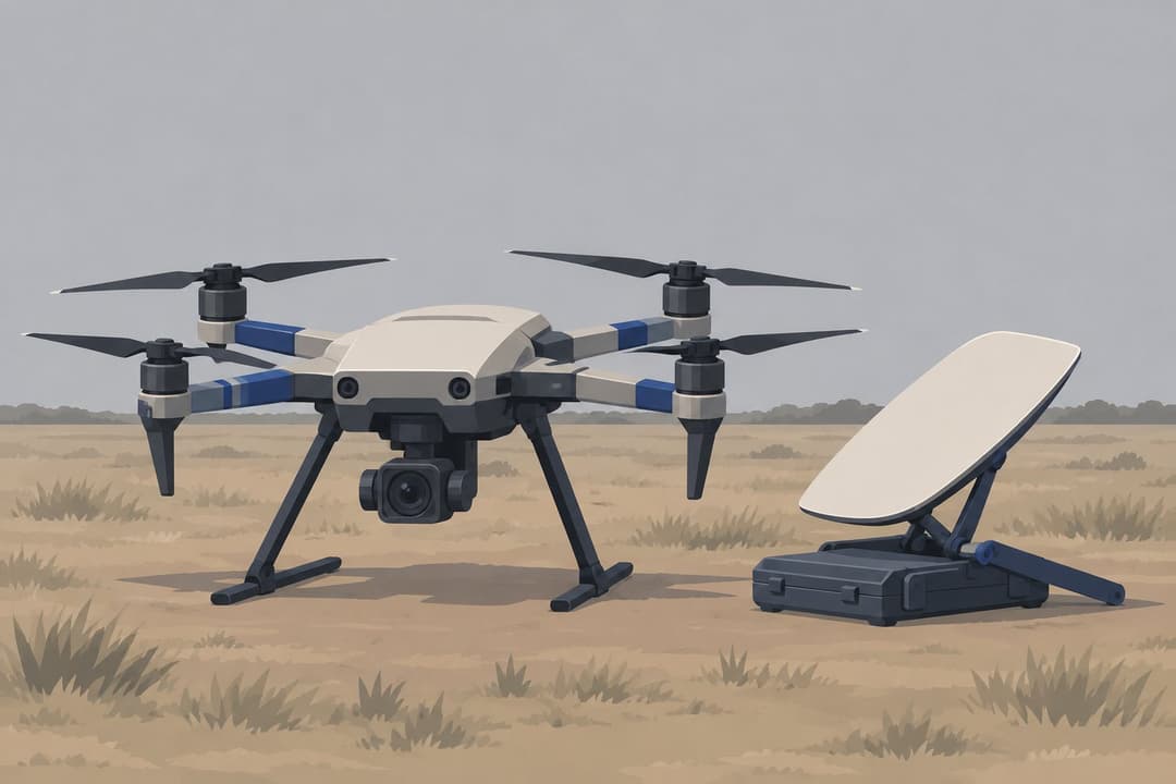 Un drone immobile au sol près d'une antenne satellite repliée, champ vide.
