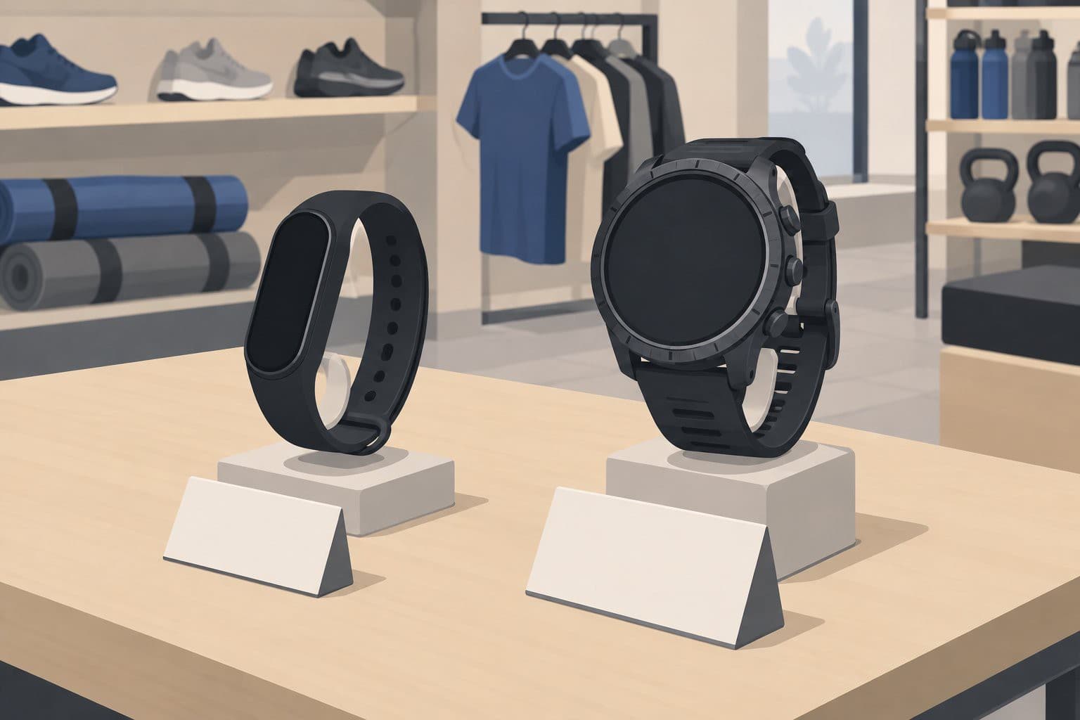 Un bracelet connecté noir posé près d'une montre de sport, étiquettes vierges.