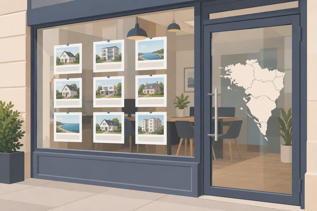 Vitrine d'agence immobilière avec annonces vierges et carte du Grand Ouest sur la porte.