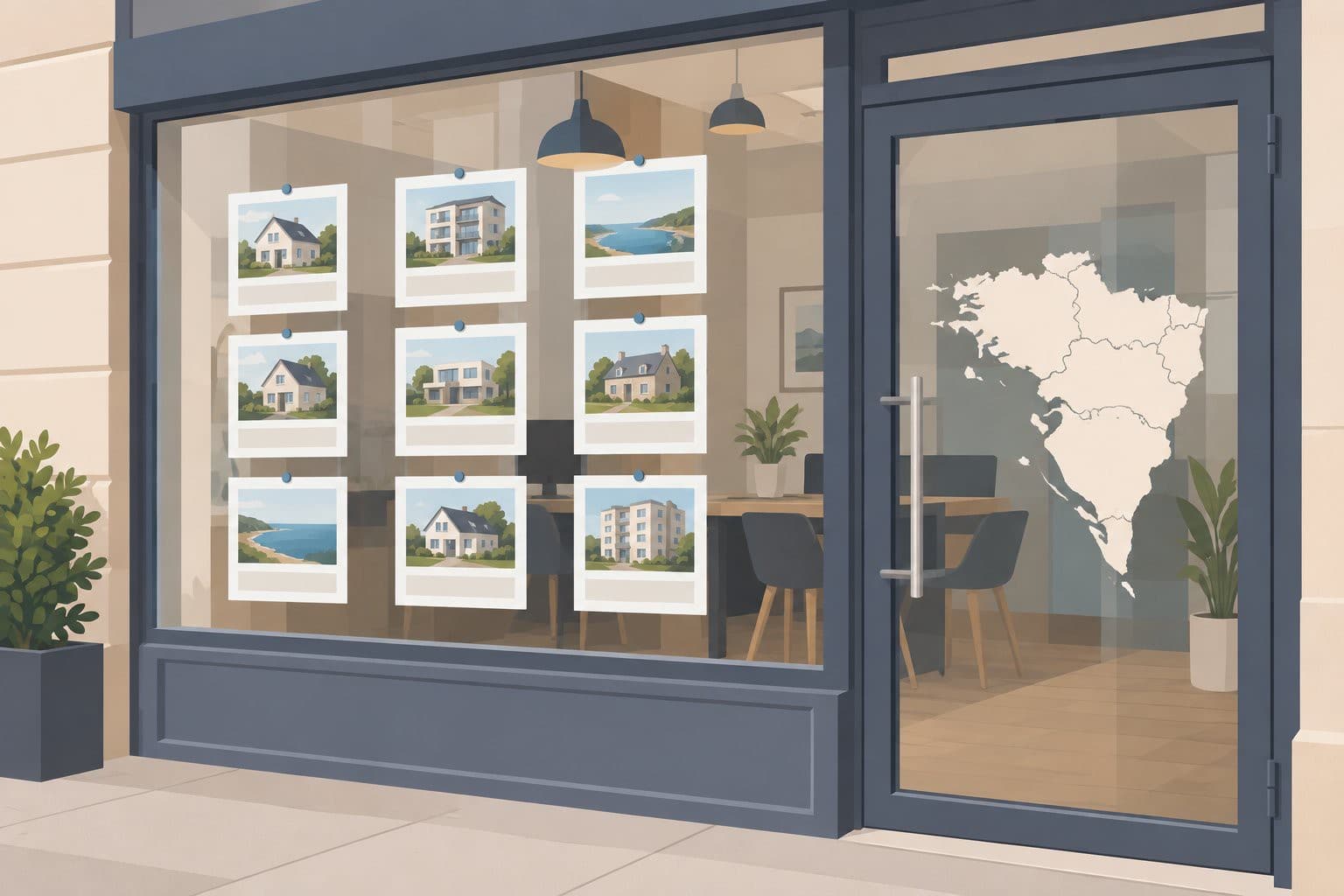 Vitrine d'agence immobilière avec annonces vierges et carte du Grand Ouest sur la porte.