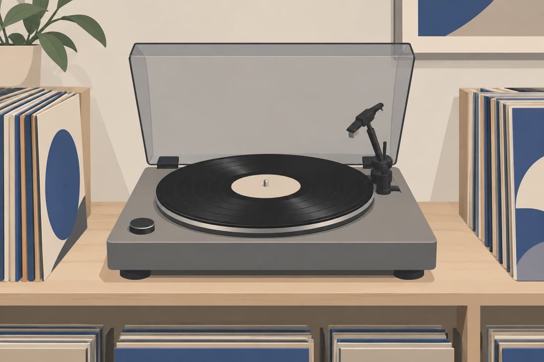 Platine vinyle posée sur une étagère, disque noir vierge, bras de lecture relevé.