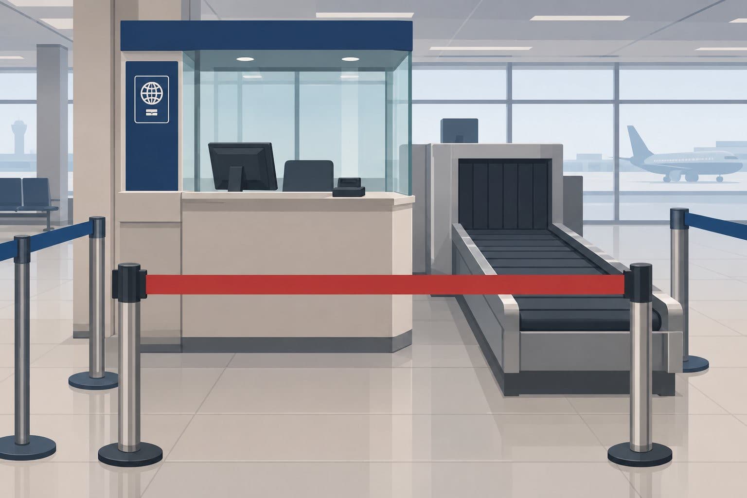 Barrière rouge abaissée devant un contrôle de passeports d'aéroport désert.