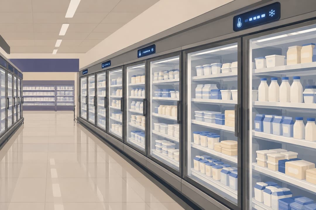 Allée de supermarché avec vitrines réfrigérées et panneau de température clignotant.