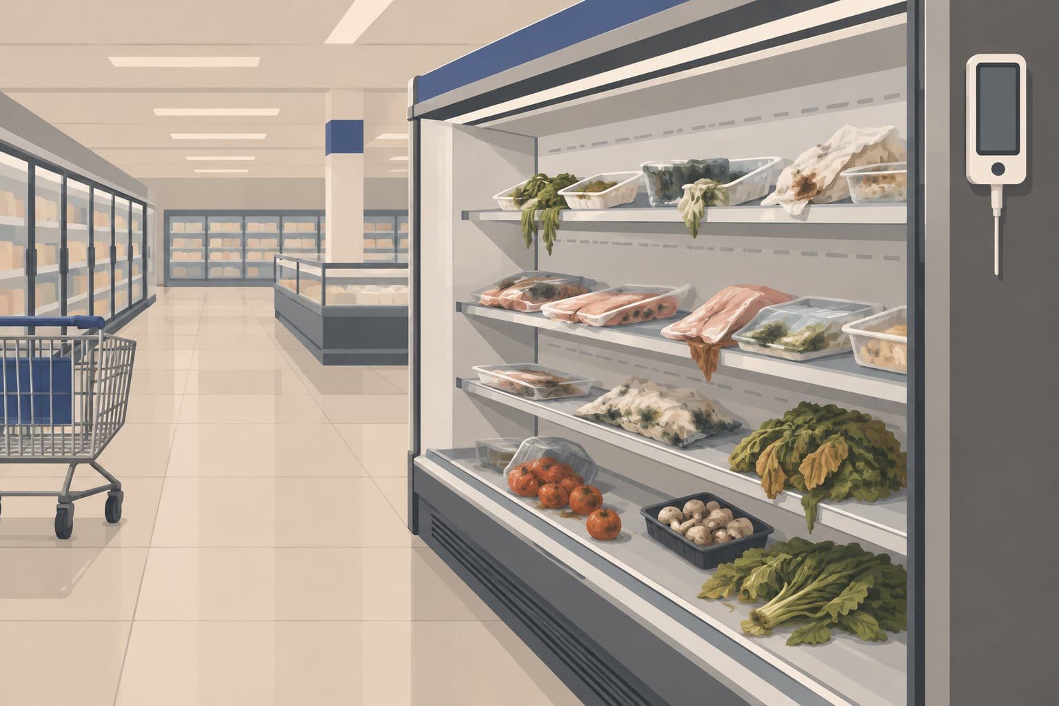 Vitrine réfrigérée de supermarché avec thermomètre et produits alimentaires abîmés.