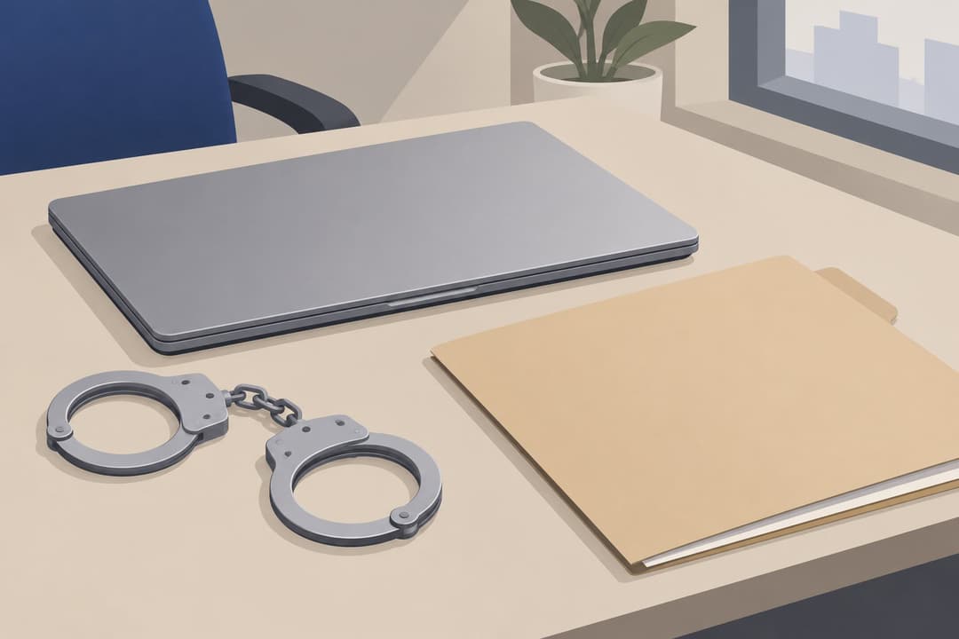 Ordinateur portable fermé, menottes et dossier cartonné sur un bureau.