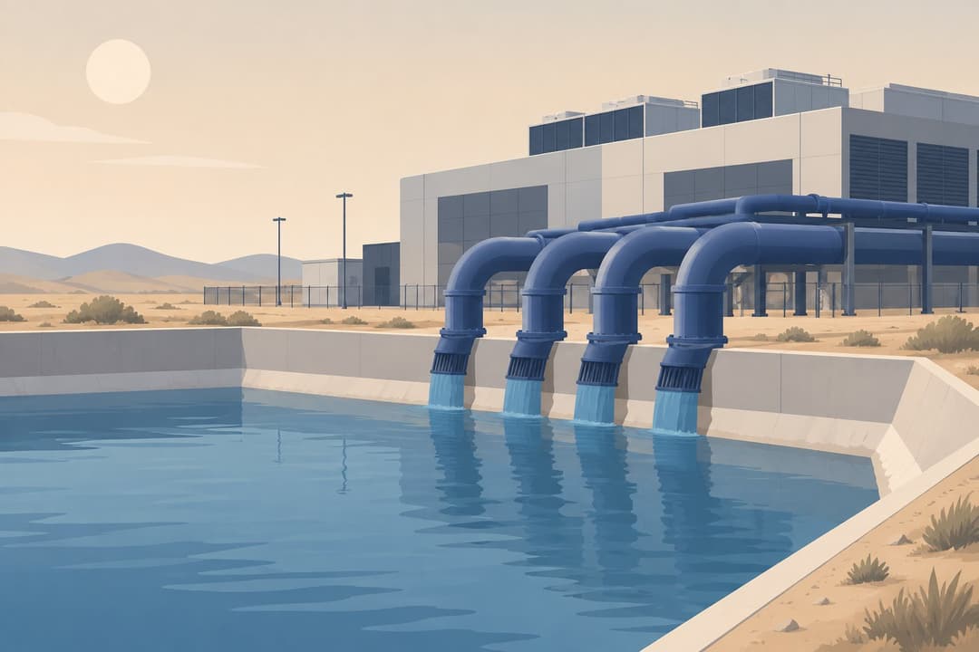 Datacenter relié à un bassin d'eau au niveau bas, tuyaux de refroidissement visibles.