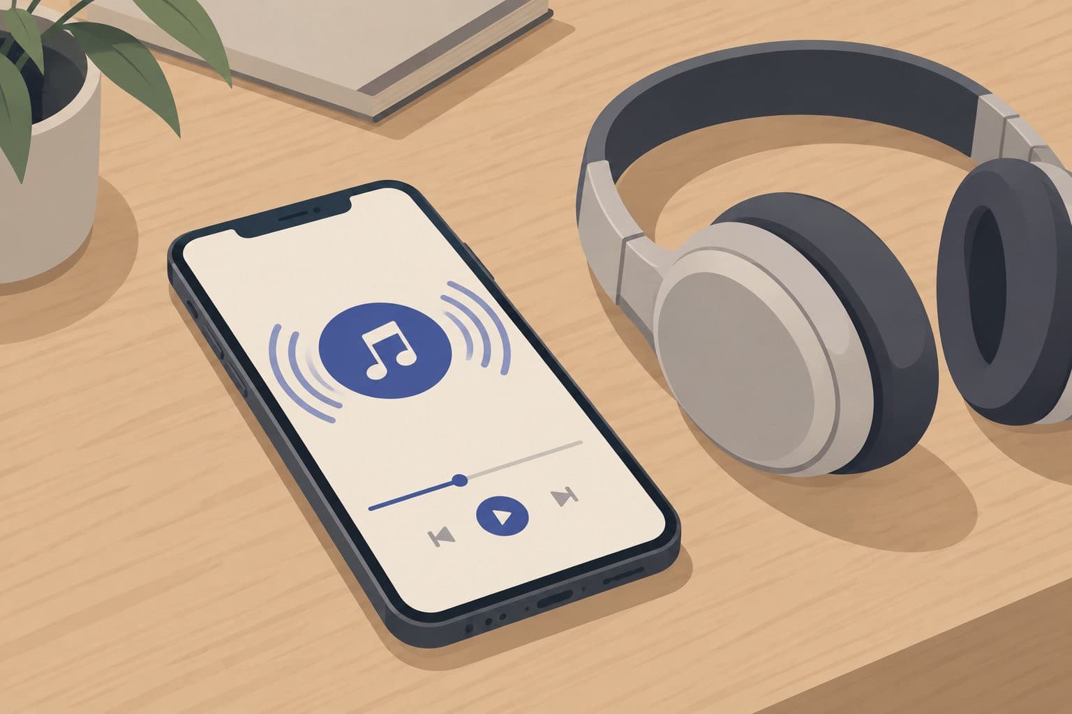 Smartphone avec icône musicale et casque audio posés sur une table.