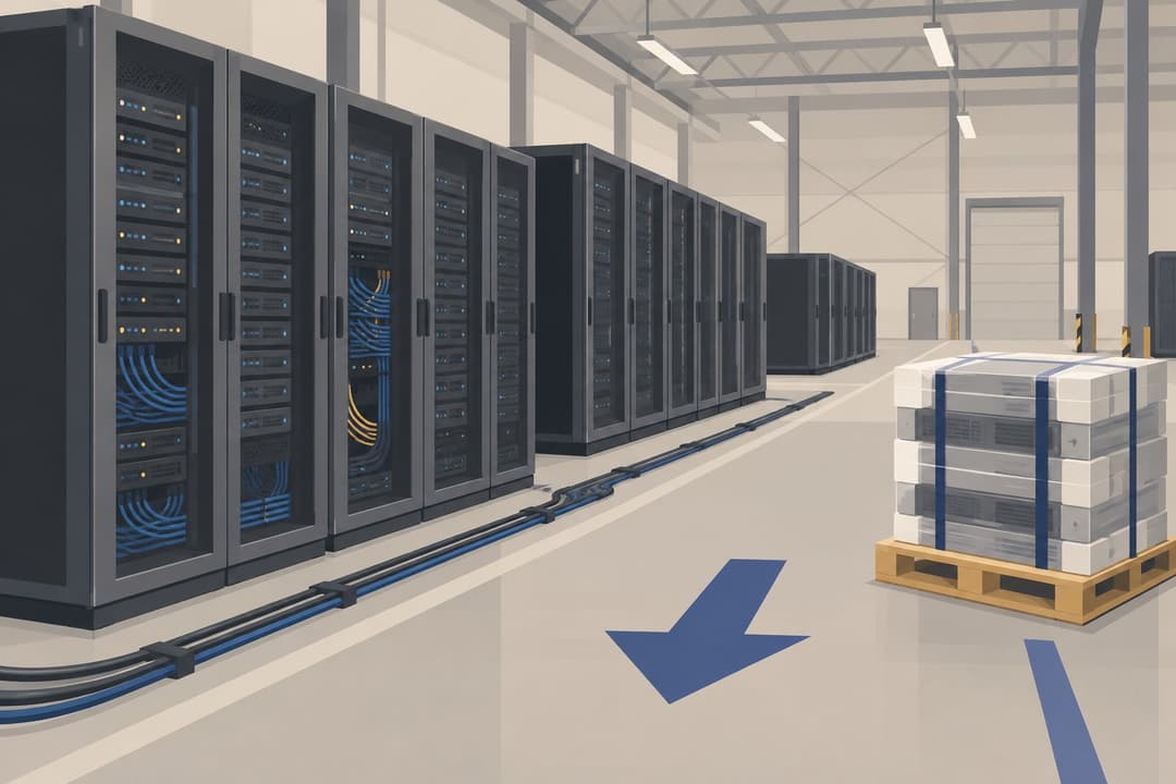Hangar de serveurs informatiques avec une flèche descendante peinte au sol.