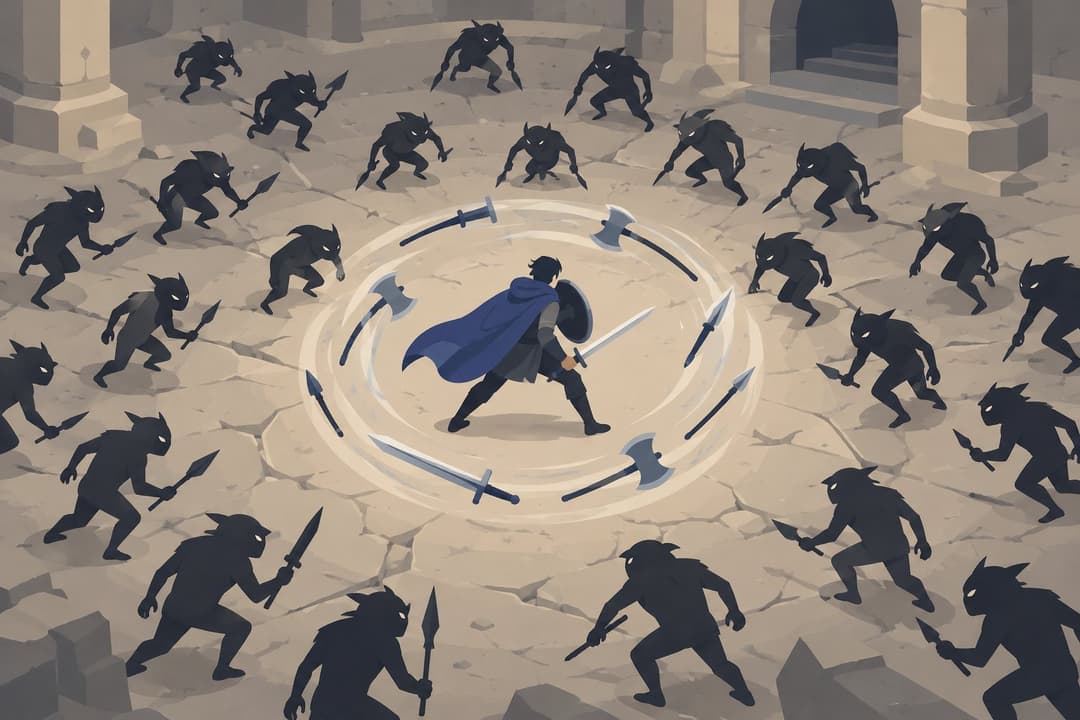 Héros entouré d'armes tournoyantes face à une horde de créatures sombres.