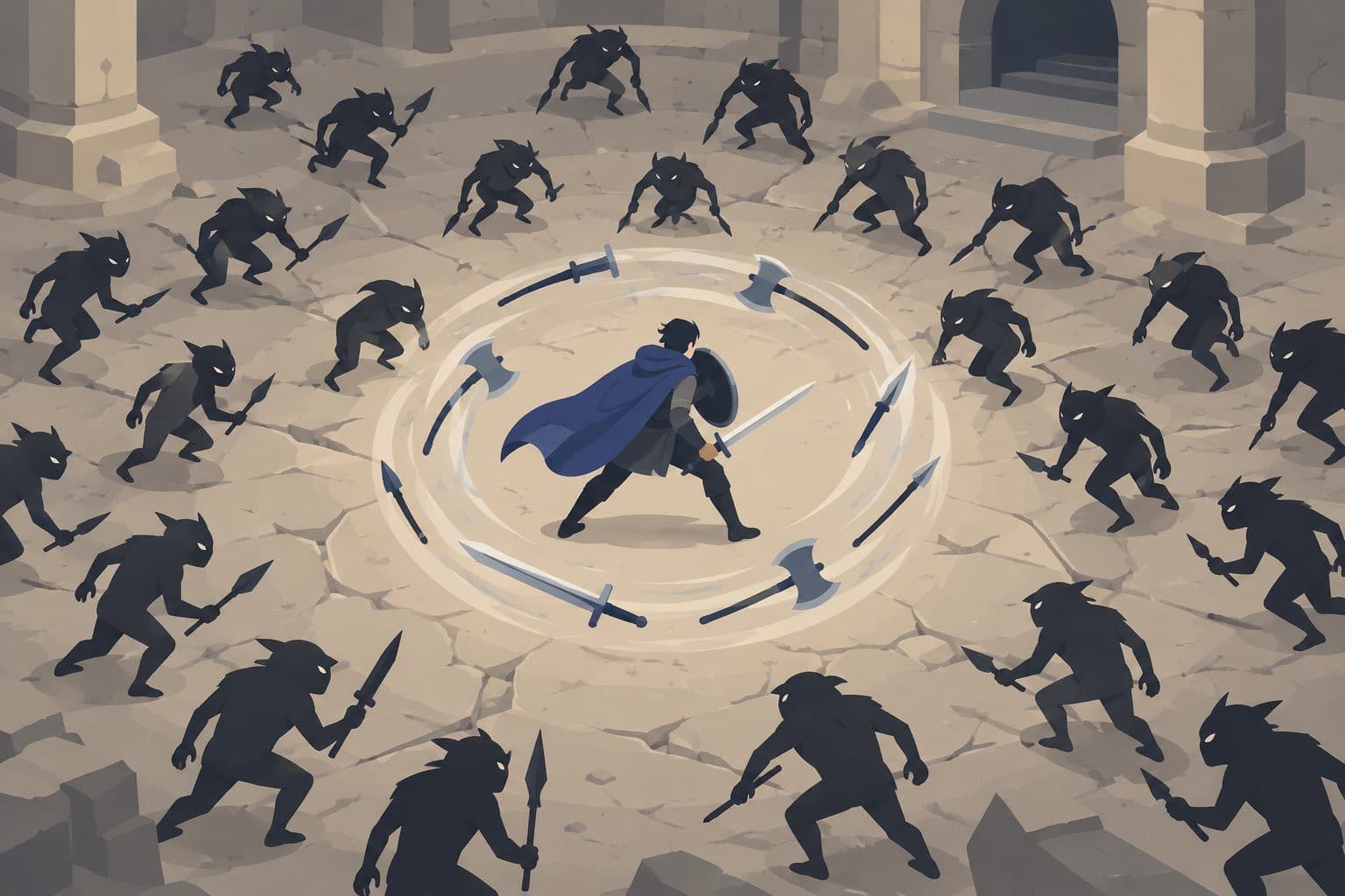Héros entouré d'armes tournoyantes face à une horde de créatures sombres.