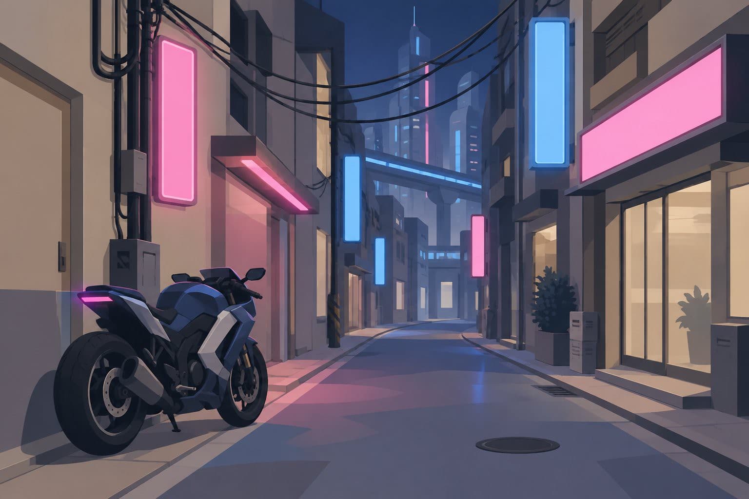 Ruelle futuriste nocturne avec néons colorés vierges et moto garée.