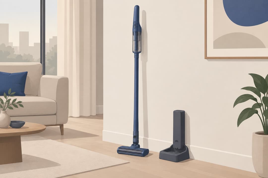 Aspirateur-balai très fin debout contre un mur, près d'un socle de charge.