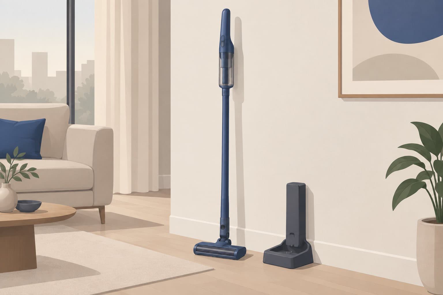 Aspirateur-balai très fin debout contre un mur, près d'un socle de charge.