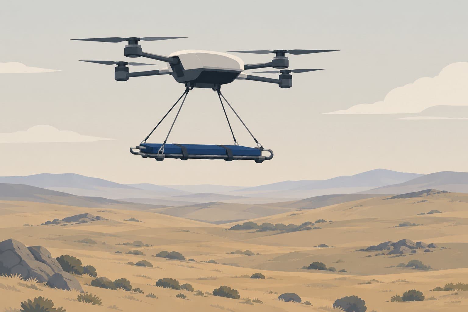 Un drone aérien transportant une civière vide survole une plaine désolée.