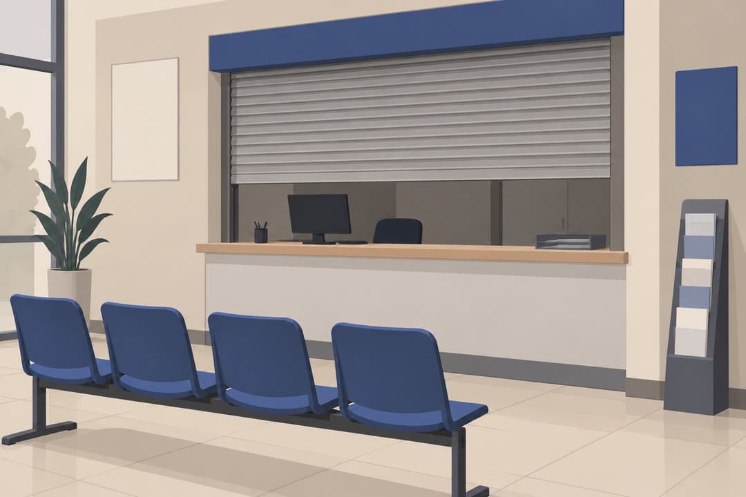 Guichet administratif fermé, rideau baissé, écran éteint, chaises vides alignées devant.