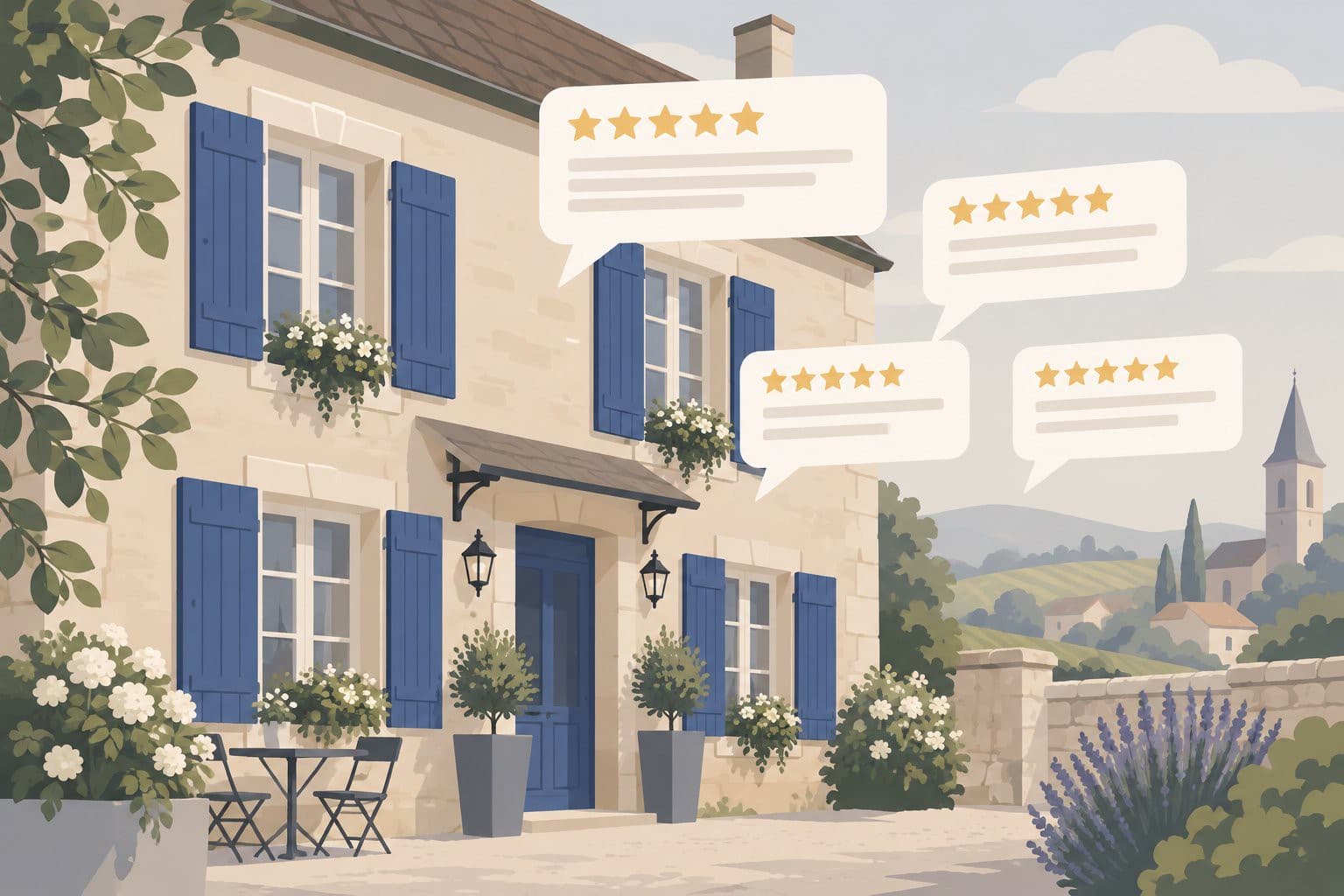 Façade d'une maison d'hôtes avec des bulles d'avis à étoiles flottant devant.