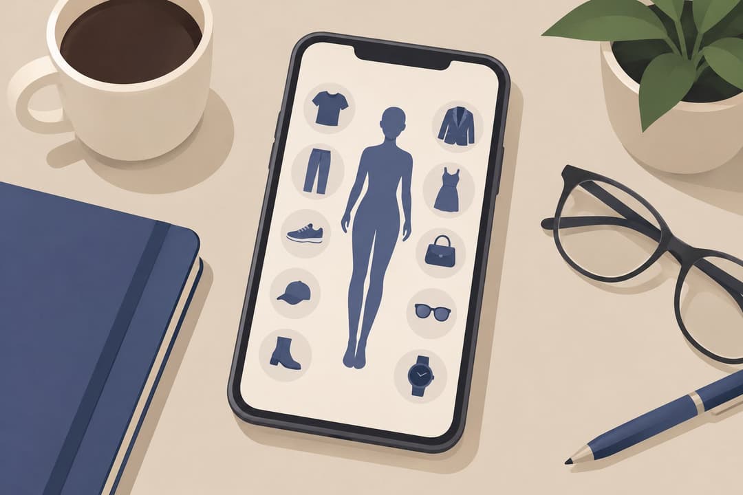 Smartphone montrant un avatar corporel simplifié entouré d'icônes vierges de vêtements.
