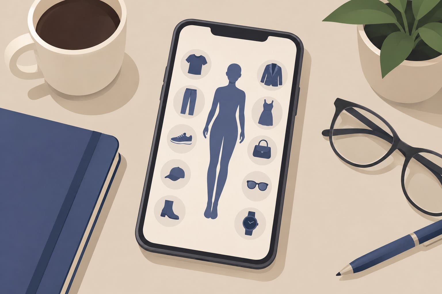 Smartphone montrant un avatar corporel simplifié entouré d'icônes vierges de vêtements.