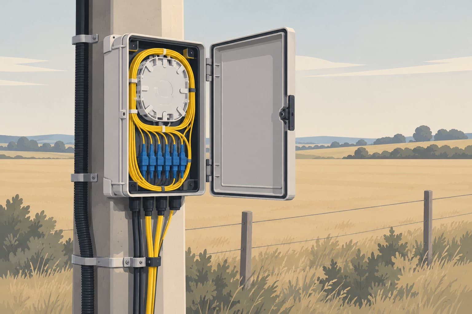 Poteau rural avec boîtier fibre optique ouvert, câbles jaunes, champ vide alentour.