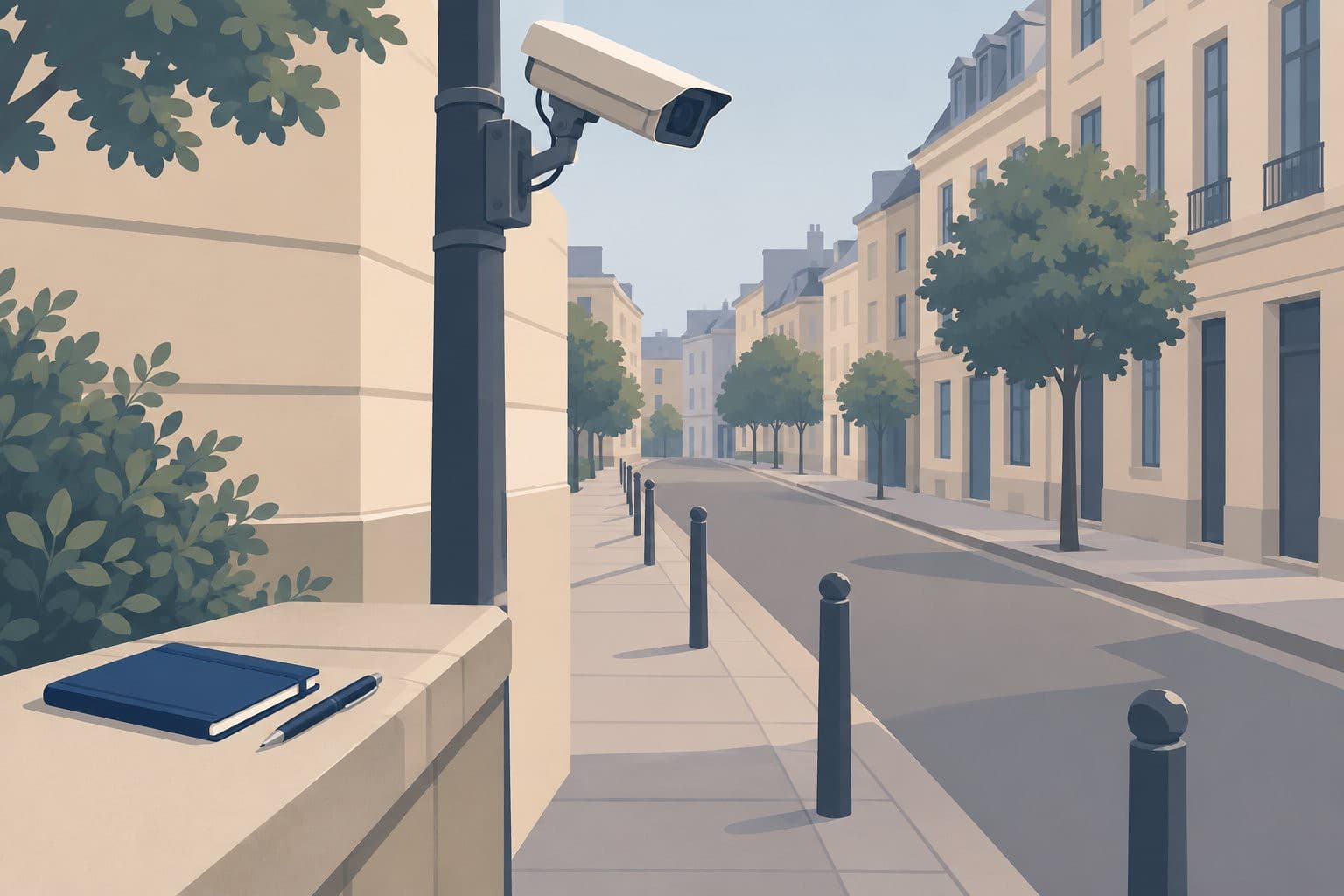 Caméra de surveillance sur un poteau au-dessus d'une rue déserte.