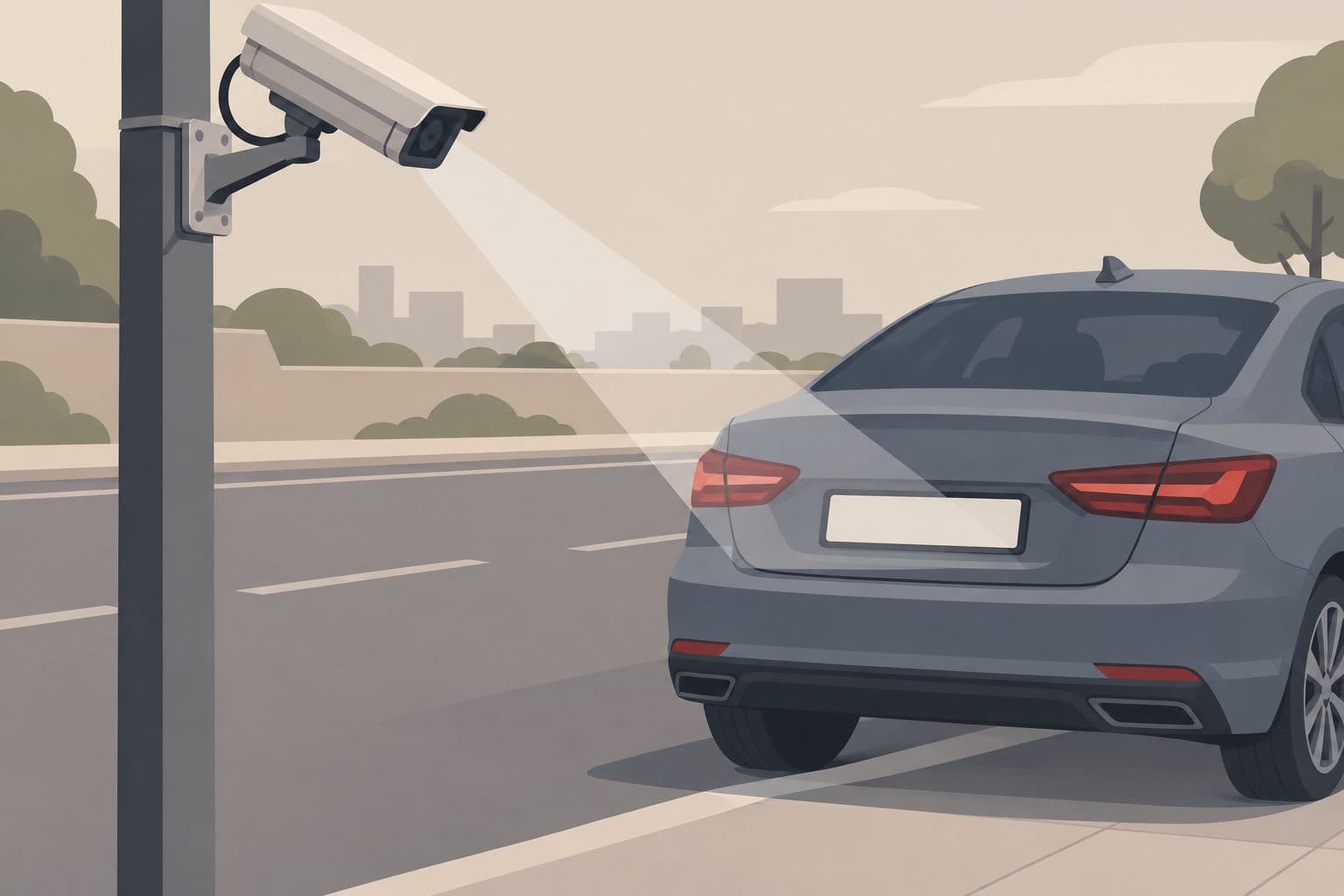 Camera de surveillance routiere braquee sur une plaque d'immatriculation vierge.