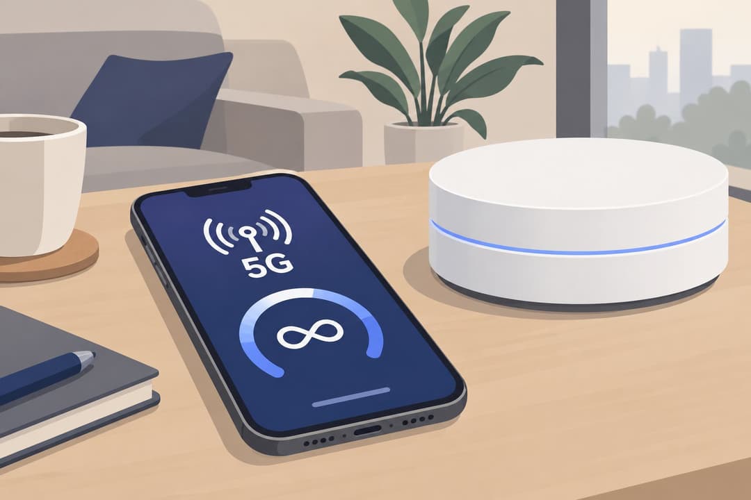 Smartphone affichant une icone 5G à côté d'une box internet blanche ronde.
